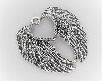 Heart Wing Charms - 1pc. - Angel Wing Pendant - Silver Wings Charm - Double Wings Charm  - One Sided Charm - Silver Charms - Angel Wings