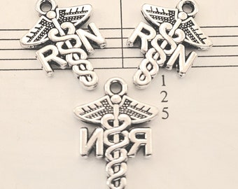 RN Charms - 10 pcs. - Nurse Charms - Antique Silver Caduceus Charms - R N Charms - RN Caduceus Charms  - Caduceus Charms -  Medical Charms