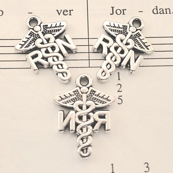 RN Charms - 10 pcs. - Nurse Charms - Antique Silver Caduceus Charms - R N Charms - RN Caduceus Charms  - Caduceus Charms -  Medical Charms