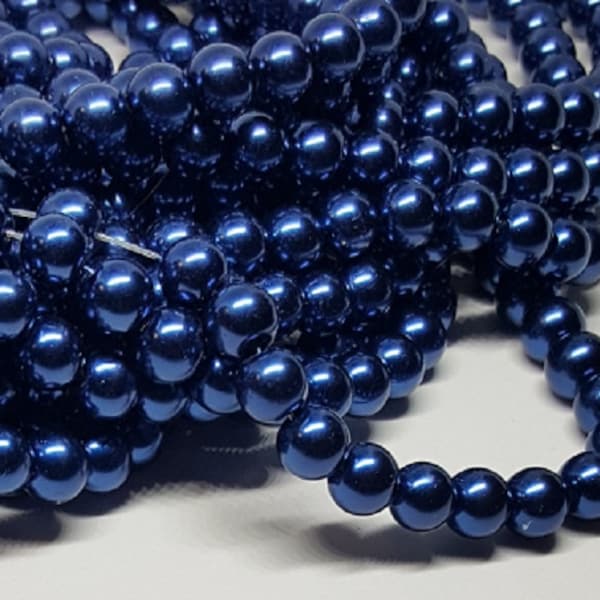 Blue Glass Pearl Beads - 42 pc - Dark Metallic Blue Beads - 8mm - Round - Dyed