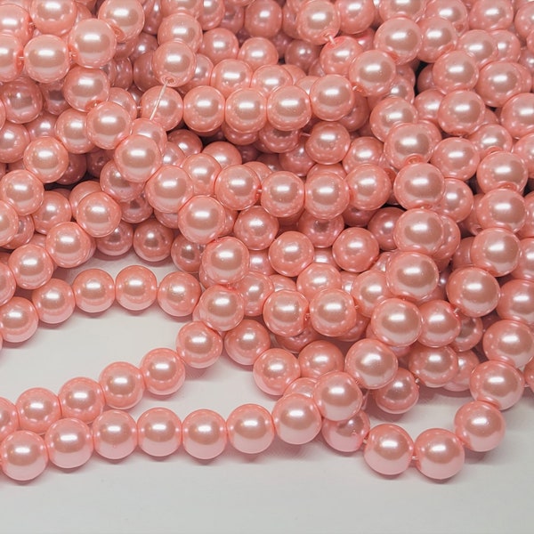 Glass Pearl Beads - 42 pc - Pink Pearl Beads -  8mm - Round - Carnation Pink Pearl Beads - Pink Glass Pearls - Pink Pearls