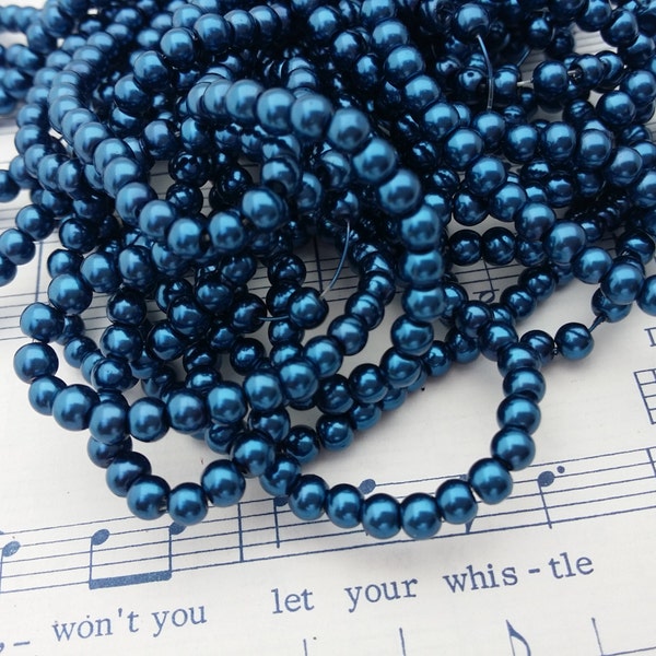 Glass Pearl Beads - 200 pc - 4mm Pearls - Metallic Blue Pearls -   Blue Glass Pearls - Round - Dyed Glass Pearls