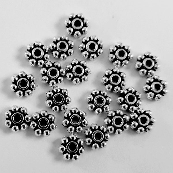 Daisy Spacers - 100 pc. - 6mm Spacers - 1.5mm hole - Flower Spacers - Tibetan Silver - Antiqued  - Lead Free - Cadmium Free