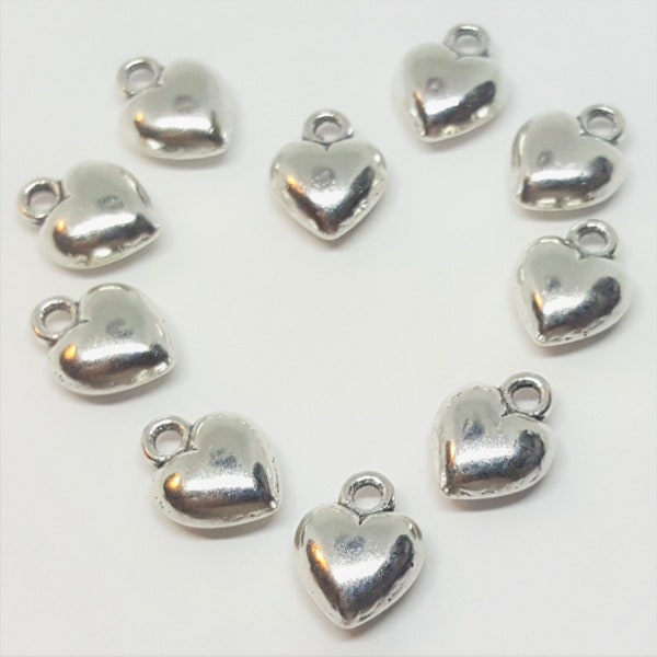 Puffy Heart Charms - 10 pcs. - Solid Heart Charms - Antique Silver Heart Charms - Tiny Heart Charms - Heart Charms  - Silver Hearts - Charms