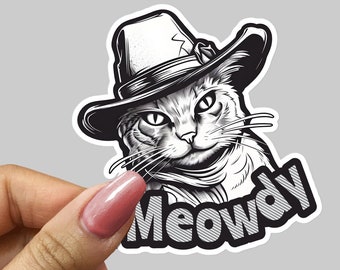 Cat Cowboy Sticker, Vinyl 3 4 or 5.5 inch, Meowdy Decal, Grey Funny Retro Kitty Western Meme Cartoon, Water Bottle Laptop PC Car Window Gift