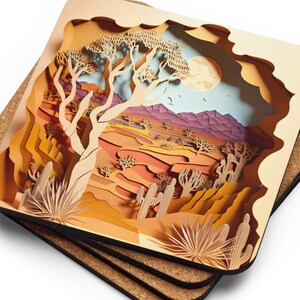 May include: Four stacked square cork coasters with a layered paper cut-out design of a desert scene. The scene features a large tree with a full moon in the background. The scene is in shades of brown, orange, yellow, blue, and purple. The text below the coasters reads 'Desert Scene Coasters: Choose 1, or Collect all 4'.