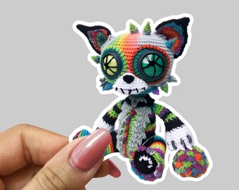 Crochet Zombie Cat Sticker, Vinyl 3 4 5.5 inch, Cool Gothic Halloween Amigurumi Knitting Gifts for Crocheters, Cute Small Gift for Goth Girl