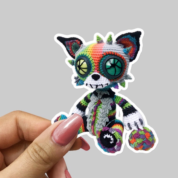 Crochet Zombie Cat Sticker, Vinyl 3 4 5.5 inch, Cool Gothic Halloween Amigurumi Knitting Gifts for Crocheters, Cute Small Gift for Goth Girl