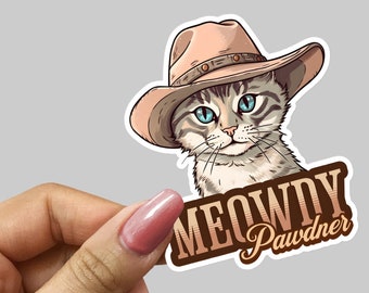 Meowdy Cat Sticker, Vinyl 3 4 or 5.5 inch, Western Cowboy Cat Decal, Retro Funny Texas Kitty Kitten, Car Window Water Bottle PC Laptop Gifts