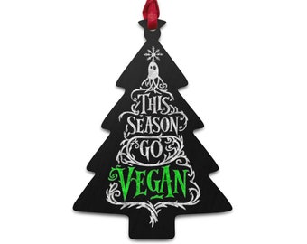 Vegan Christmas Ornament, Wood Hanging Tree Shaped Decoration, This Season Go Vegan