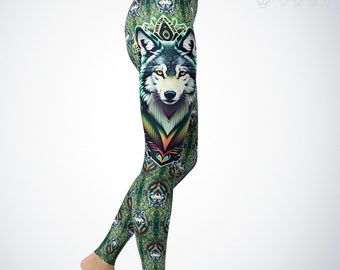 Wolf Leggings Green Forest Leggings Wolves Wolf Spirit Animal Forest Clothing Dog Leggings Wolf Gifts for Women
