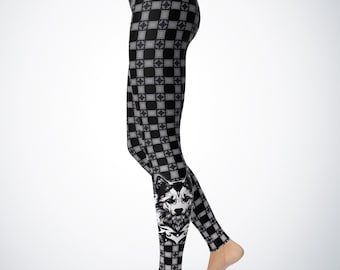 Wolf Leggings Gingham Black White Checkered Dog Leggings for Women