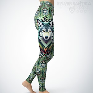 Wolf Leggings Green Forest Leggings Wolves Wolf Spirit Animal Forest Clothing Dog Leggings Wolf Gifts for Women