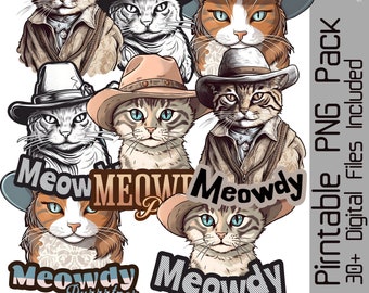 Meowdy Digital PNG Pack, High Res 3000px, Cowboy Cat Stickers, Western Cowgirl Kitty Printable Decal Files for Printing at Home, Self Prints
