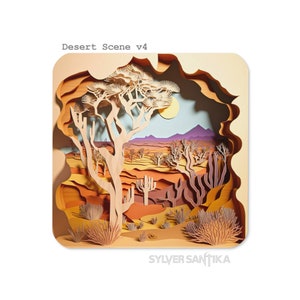 May include: A papercraft desert scene with a Joshua tree, cacti, and mountains in the background. The scene is framed in a brown paper border and the text "Desert Scene v4" is at the top. The artist's name, "Sylver Santika", is at the bottom.