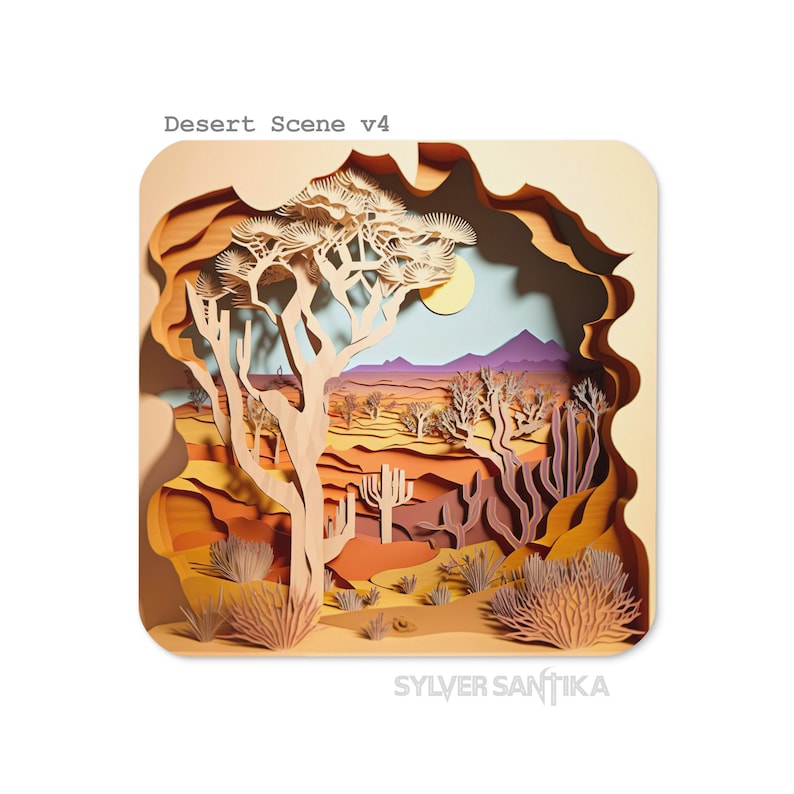 May include: A papercraft desert scene with a Joshua tree, cacti, and mountains in the background. The scene is framed in a brown paper border and the text "Desert Scene v4" is at the top. The artist's name, "Sylver Santika", is at the bottom.