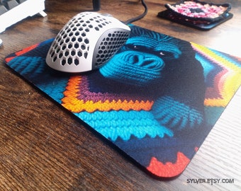 Cool Mouse Pad with Colorful Crochet Gorilla Artwork