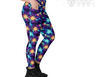 Fireworks Tie Dye Leggings with Pockets for Women Fourth of July Fashion Costume Pants Cool Neon Colorful Rainbow Printed Pattern Tights