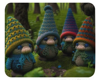 Gnome MousePad with Cute Crochet Gnomes wearing Rainbow Hats in a Green Fantasy Forest