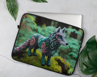 Pretty Laptop Sleeve, 13 or 15 inch, Neoprene Zipper Padded Fur, Girls Cute Crochet Wolf Animal Dog Forest Nature Protective iPad Envelope