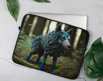 Forest Wolf Laptop Sleeve, 13 or 15 inch, Neoprene, Zipper, Soft Padded Fur, Crochet Art Cute Dog Animal Cool Protective iPad Envelope Case