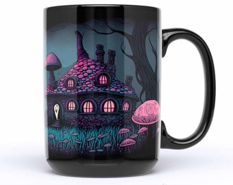 Dark CottageCore Mug, Ceramic 15 oz, Cute Artwork: Gothic Pastel Cottage Under Forest Moon on Dark Night with Pink Mushrooms, Goth Mug Gift