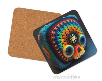 Cool Coaster, Crochet Skull Artwork, Cork Back, 4 Variations, Rainbow Sugar Skull Decor, Quirky Gifts for Crocheters and Crafters