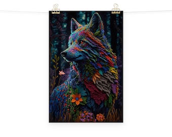 Wolf Poster, Pretty Crochet Wall Art, Trippy Forest Wolf Themed Artwork Picture, Cute Quirky Animal Prints, Children Teen Bedroom Home Decor