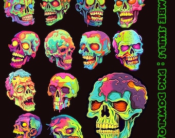 Zombie Skulls: PNG Downloadable Files, High Resolution, Transparent, Colorful Neon Rainbow Halloween Clipart Graphics Printable Artwork