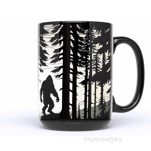 Sasquatch Mug, 15 oz Ceramic, Bigfoot Forest Artwork, Squatch Coffee Mug, Yeti Tea Cup, Black and White Big Foot Souvenir, Quirky Gifts