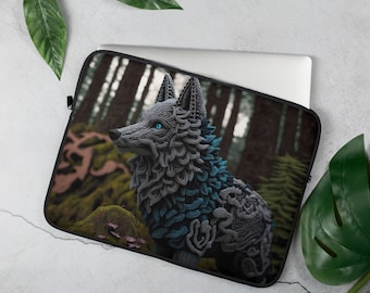 Crochet Wolf Laptop Sleeve, 13 15 inch Neoprene, Zipper, Padded Puffy Soft Fur Lining, Forest Nature Dog Animal Printed Protective Case Cute