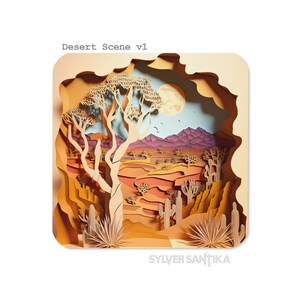 May include: A papercraft scene depicting a desert landscape with a large tree, cacti, and mountains in the background. The scene is illuminated by a full moon and features a blue sky with clouds. The title "Desert Scene v1" is displayed at the top of the image.