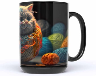 Funny Cat Mug, Ceramic 15 oz, Cute Yarn Ball Cat Artwork, Trippy Gifts for Knitters and Crocheters, Cat Lover Coffee Mug Tea Cup Souvenir