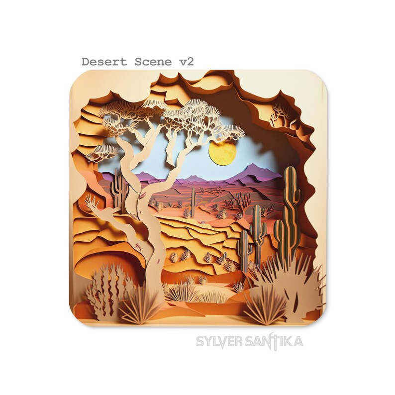 May include: A papercraft desert scene with a large tree, cacti, and a yellow sun. The scene is framed in a brown paper border and the text "Desert Scene v2" is at the top. The artist's name, "Sylver Santika", is at the bottom.