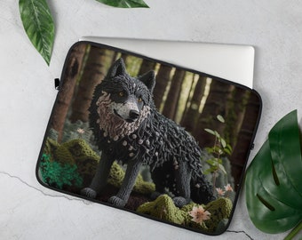 Crochet Wolf Laptop Sleeve, 13 15 inch, Neoprene Zipper Soft Fur Padded, Pretty Cute Animal Dog Nature Forest Printed iPad Envelope Case