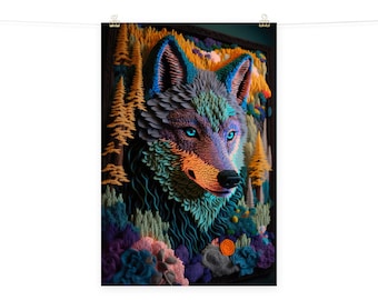 Wolf Poster, Abstract Artwork, Trippy Picture Wolf Present Quirky Cool Unique Wall Art Modern 3D Forest Colorful Crochet Children Room Decor