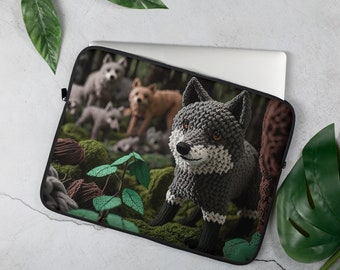 Forest Wolf Laptop Sleeve, 13 or 15 inch, Neoprene Zipper Soft Padded Fur, Cute Crochet Wolves Wolf Family Art Kids Animal Dog Ipad Envelope