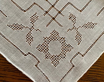 4 Flowers on Vintage Linen Handkerchief with Hand-Made Drawn Thread Work