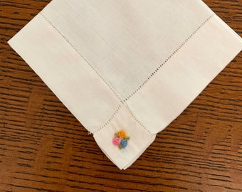 Vintage Linen Handkerchief with Tiny Flowers & Wide Hem