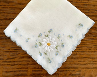 Vintage Pale Blue Embroidery & a Daisy on White Handkerchief, Excellent Condition