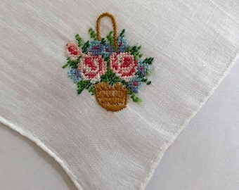 Vintage Handkerchief With Petit Point Flower Basket Embroidery - Etsy