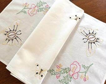 41" Table Runner / Dresser Scarf, Vintage, Hand Embroidered, Flowers and Butterflies