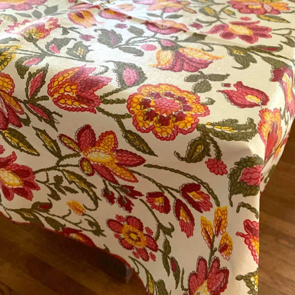 1970's Vinyl Tablecloth, Red Flowers, 52" Square, Never Used, In Package