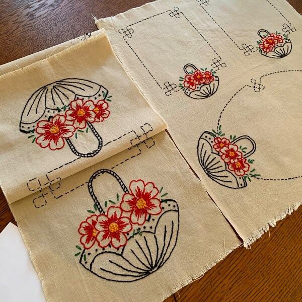 Embroidered 4 Piece Unfinished Table Runner and Doilies Set, Needs Edging, Antique or Vintage