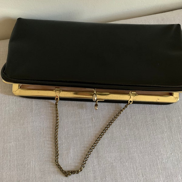 Vintage 1960's Black Shiny Clutch with Hinged Chain Handle, Patent Leather Look