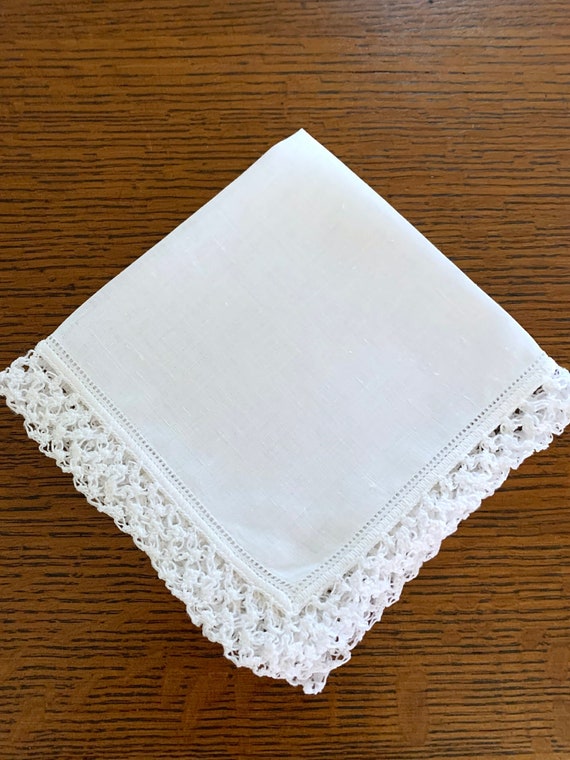 Vintage White Linen Handkerchief with White Croche