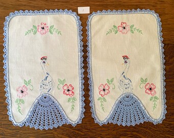 Pairs of Peacock Doilies / Vintage Antimacassars