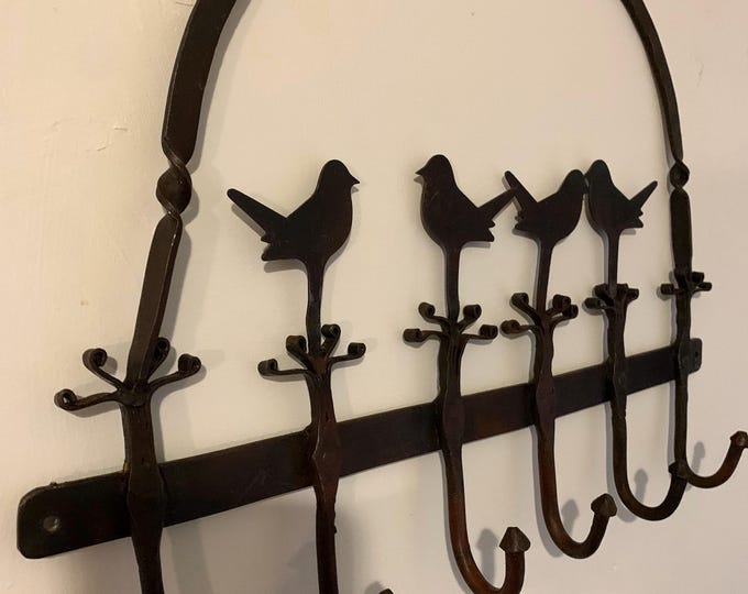 Vintage Wrought Iron Wall Mounted Rack With Birds, Hand Crafted Folk ...