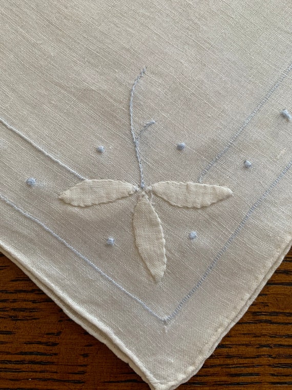 Vintage Pale Blue Embroidery and Leaves on Ivory … - image 2