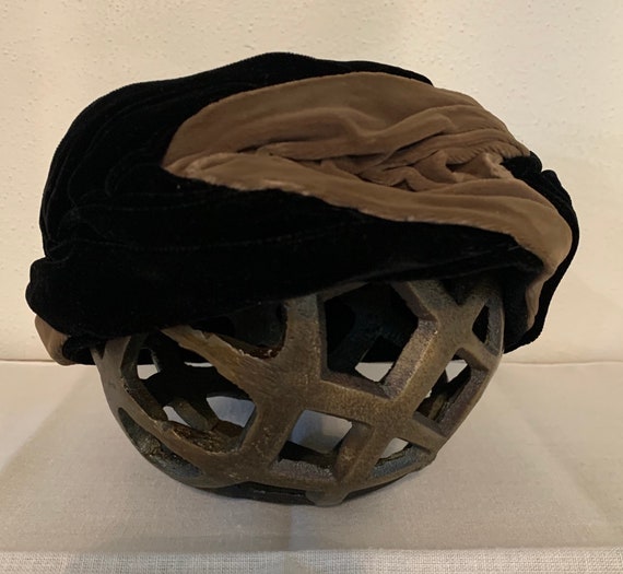 Vintage Mid Century Ruched Velvet Hat in Black and Taupe Two 